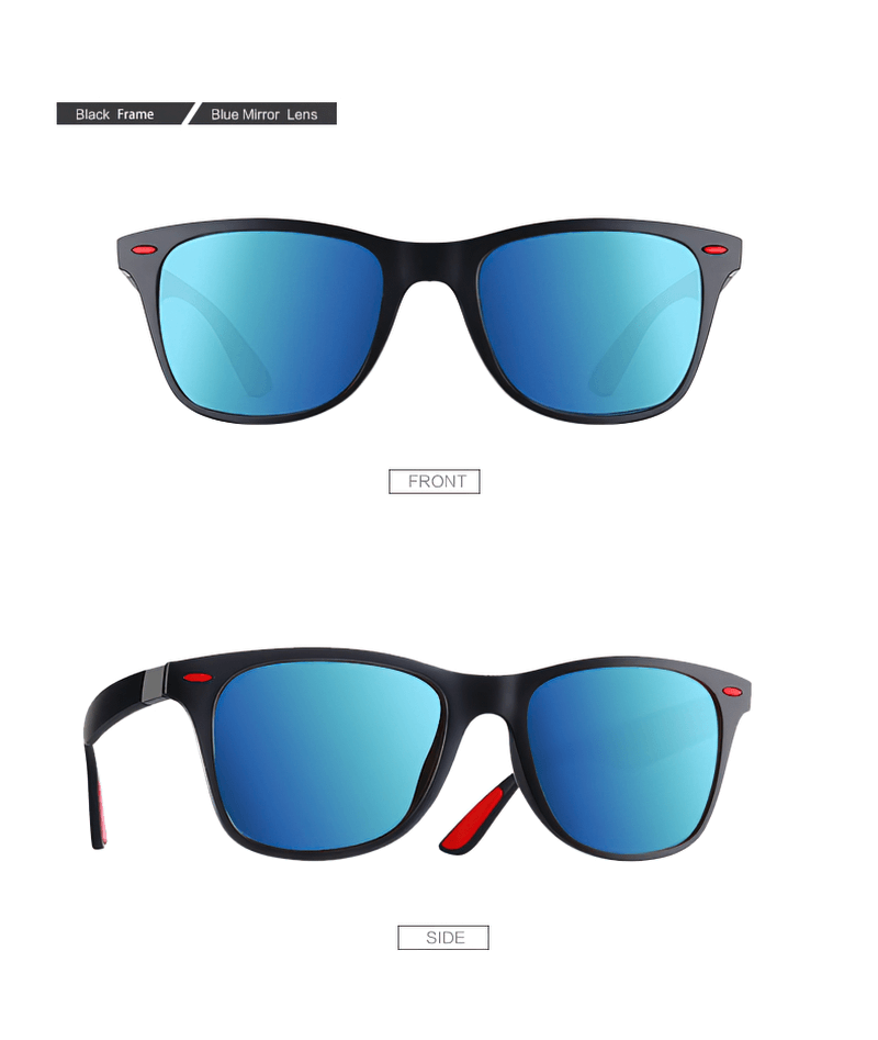 Square style ultralight polarized sunglasses with blue mirror lenses and black frame, perfect for men and women, front and side view.